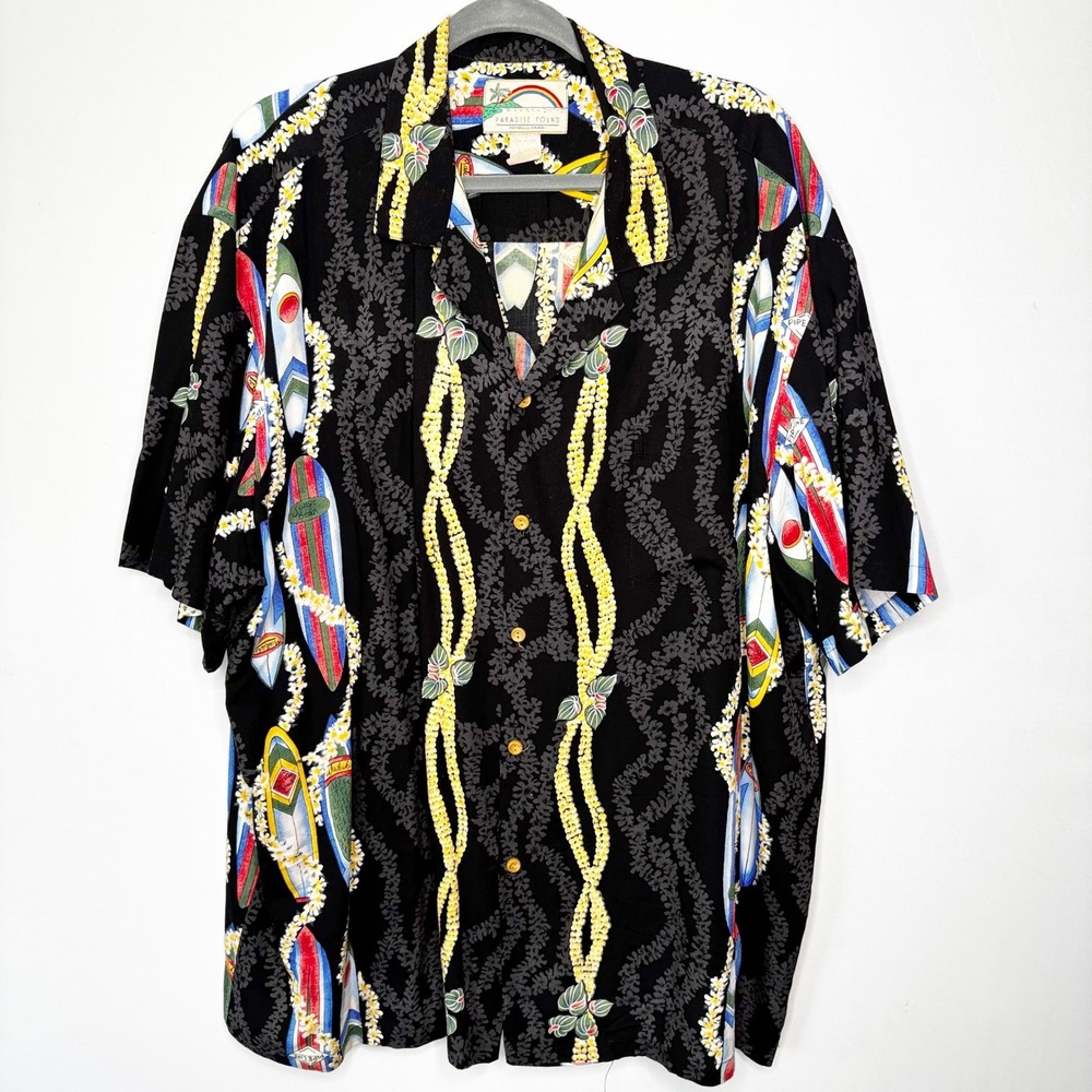 Paradise Found Mens 2XL Hawaiian Aloha Shirt Black Surfboard Lei Vintage